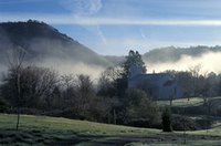 morning mist surrounds Emmanuel Church; photo by Betty Sederquist